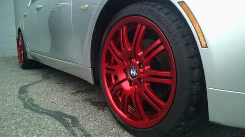 wheels that have been powder coated a deep red